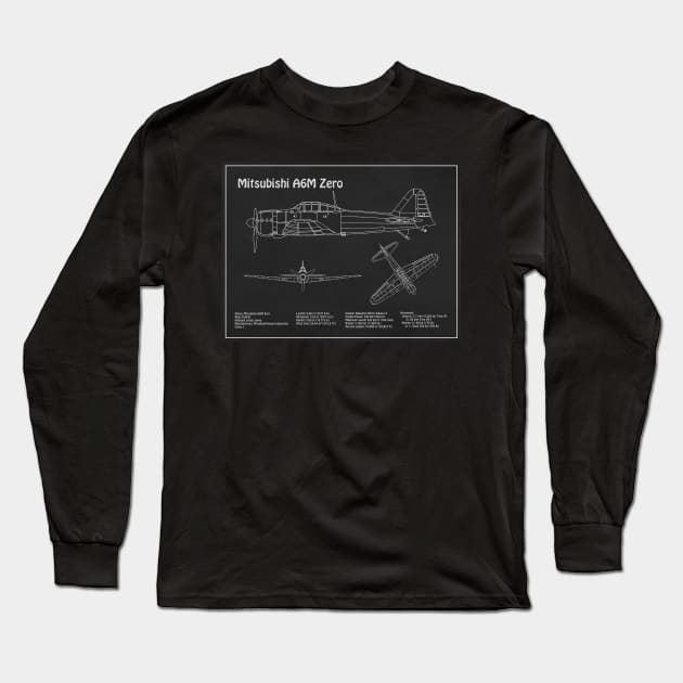 Mitsubishi A6M Zero Airplane Blueprint - PD Long Sleeve T-Shirt by SPJE Illustration Photography